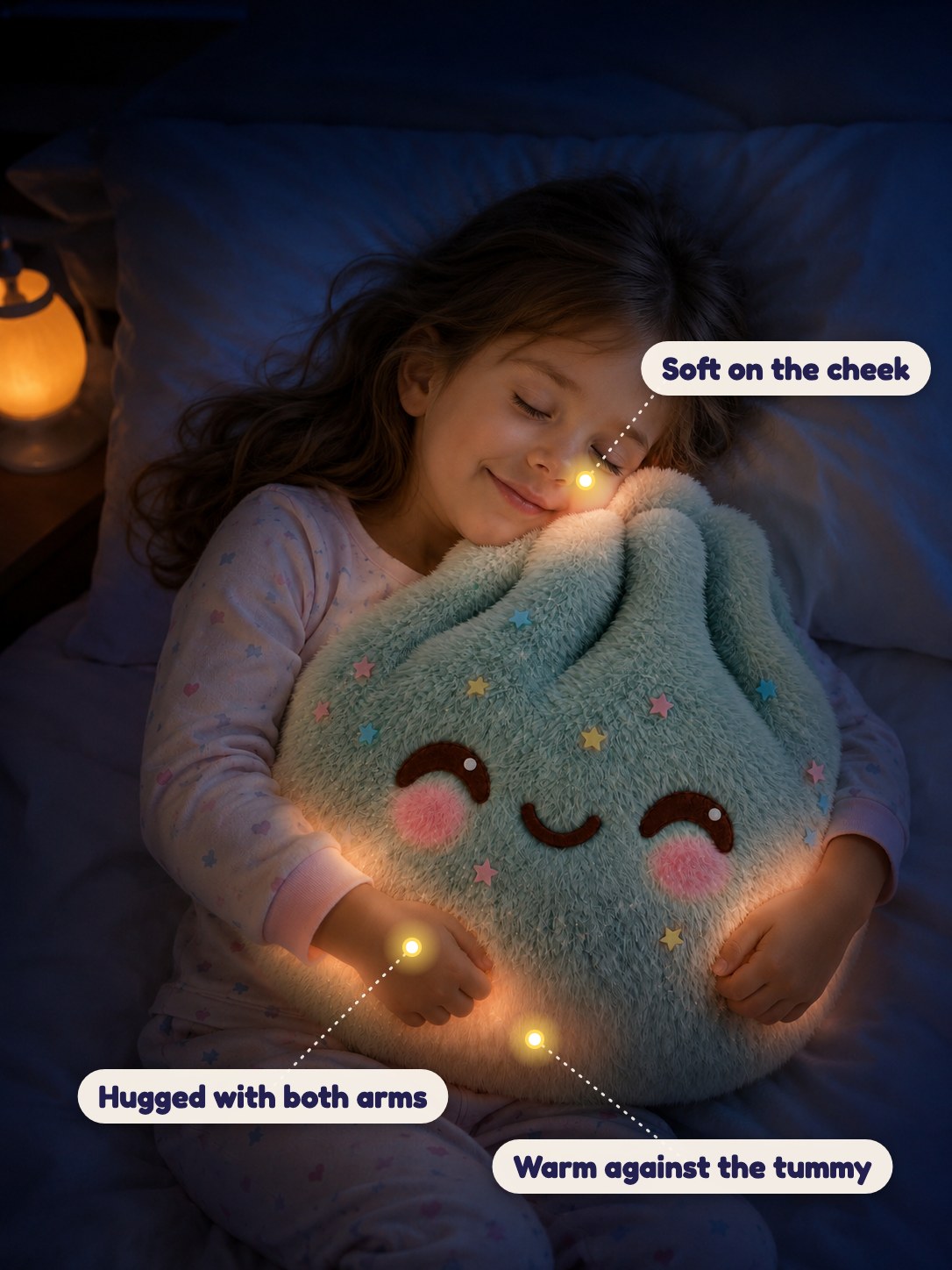 A little girl asleep at night, hugging the giant cuddle plush, with its soft contact points on her cheek, arms and tummy