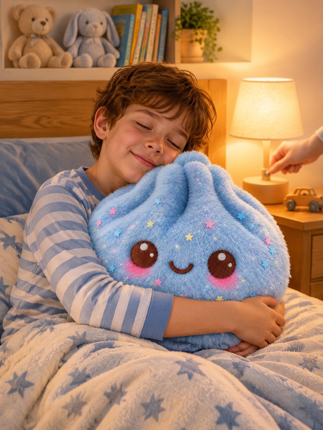 A boy in his big-kid bed gives his blue cuddle plush one last hug while a parent turns off the lamp